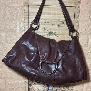 HOBO Dark Brown Leather Shoulder Bag w Silver Tone Rings Details VGUC